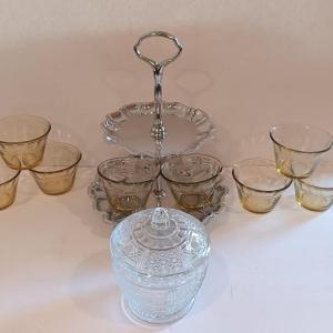 Photo of Vintage glass lidded candy dish - 8 amber glass custard cups and a silver-colore