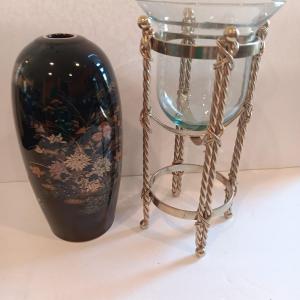 Photo of Black porcelain Asian themed accent vase with metal gold stand votive holder