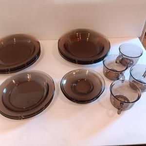 Photo of Vintage smoke glass VERECO France dinnerware set - complete setting for 4