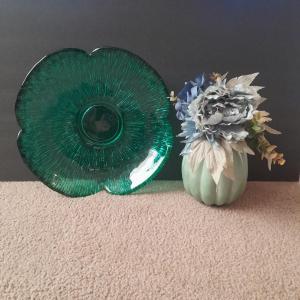 Photo of Large 14" Wayne Husted Blenko Glass In Sea Green, Flower dish with blue pumpkin 