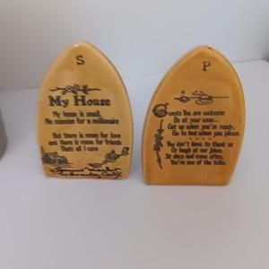 Photo of Vintage Iron Salt and Pepper Shakers My House Inscription and ceramic brown flor