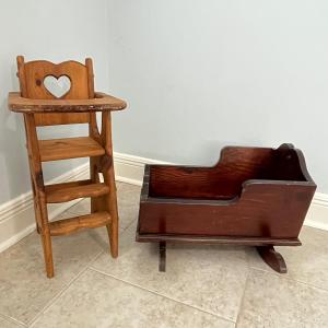 Photo of Vtg. Solid Wood Doll Cradle & High Chair