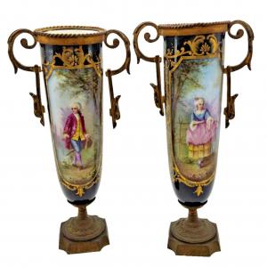 Photo of Pair of Antique French Sevres Porcelain Urns, Hand Painted, 1880's
