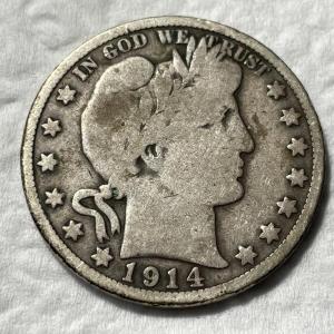 Photo of Key Date 1914-P Very Good Condition Silver Barber Half Dollar as Pictured.
