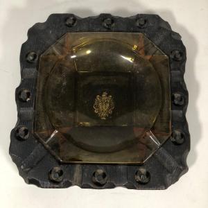 Photo of LOT 263: Vintage Amber Glass Ash Tray w/ Wooden Carved Stand