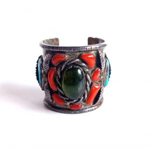 Photo of Lg Native American Green Amber Turqouise & Coral Sterling Cuff Bracelet Wilford 