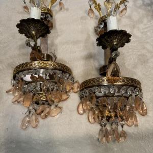Photo of 1920 Italian Chandeliers rose crystal with two matching wall sconces