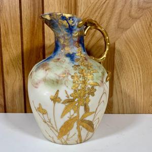 Photo of LOT 80: Belleek Hand Painted Blue & Gold Floral Pitcher
