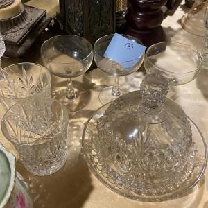 Photo of Cut Glass Rocks Glasses, Coupe Glasses, and Butter Dish
