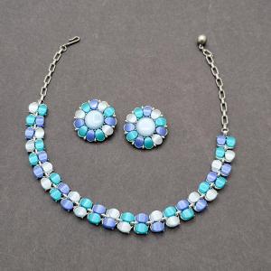 Photo of Mid-Century Blue Hues Thermoset Necklace & Clip Earrings Set