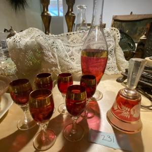 Photo of Set of Vintage Red and Gold Trim Cordial Glasses, Decanter, and Bell