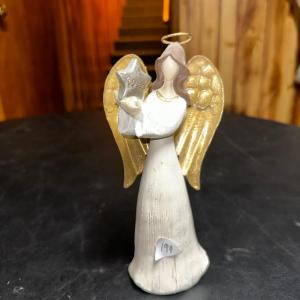 Photo of Wish Angel lighted Star Figurine ornament, Resin wood look, Ivory & Gold tone