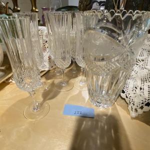 Photo of 7 Crystal Champagne Glasses and Cut Glass Vase
