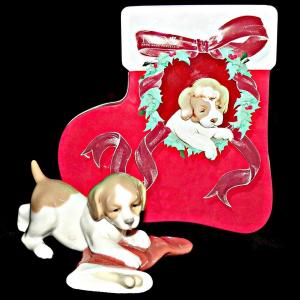 Photo of Retired Lladro NAO 7427 Puppys Christmas Dog Hiding Bone in Christmas Stocking T