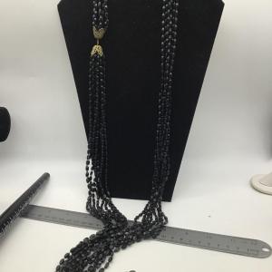 Photo of Crazy Long Vintage 8-Strand Black Plastic Faceted Bicone Bead Necklace