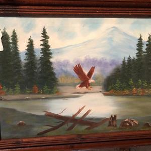 Photo of Framed Oil on Canvas Forest and Eagle Landscape, unsigned