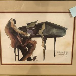 Photo of Framed Watercolor of Man and Piano, Signed and Dated