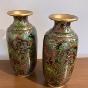 Photo of Vintage PAIR CHINESE CLOISONNE Enamel VASES Gold Wires FLOWERS 7” H