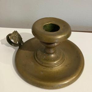Photo of Primitive Brass Candle Stick Holder w Drip Tray & Finger Ring 4.5”w x 2.5”h