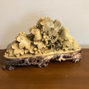 Photo of Vintage Chinese Hand Carved Soapstone Sculpture on Stand Grape and Leaf Design 8