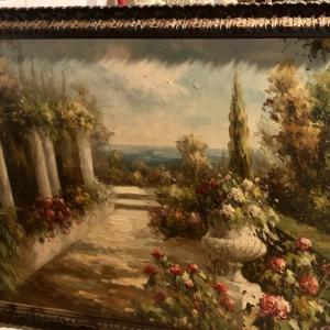 Photo of Framed Oil on Canvas Impressionist Style Villa Garden Painting, unsigned.
