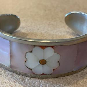 Photo of Blush pink abalone with white flower Mexican bracelet