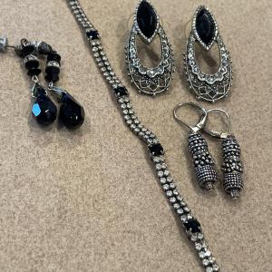 Photo of Black & silver tone bracelet & 3 pairs earrings