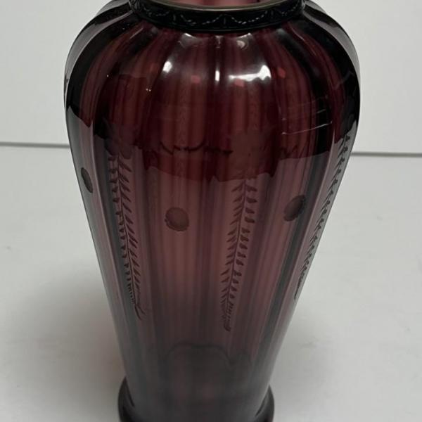 Photo of Antique Silver Overlay Rim Amethyst Etched Art Glass Vase 9" Tall in VG Preowned