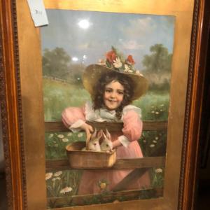 Photo of Framed Print on Wood of Victorian Style Countryside Child with Rabbits, Unsigned
