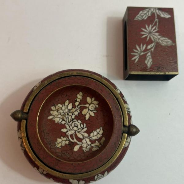 Photo of Vintage Chinese Cloisonne Ashtray & Match Box Holder in Good Preowned Condition.