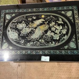 Photo of GORGEOUS Vintage Pheasant and Peacock Saki Table with Black Lacquer and Mother o