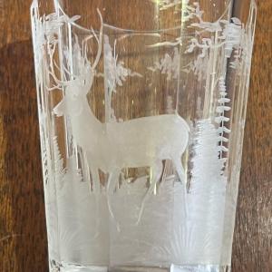 Photo of Antique Early Hand Etched Leaded DEER Scene Small Drink Glass 3" Tall as Picture