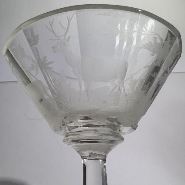 Photo of Antique Early Hand Etched Leaded DEER Scene Martini Glass 5-1/4" Tall as Picture