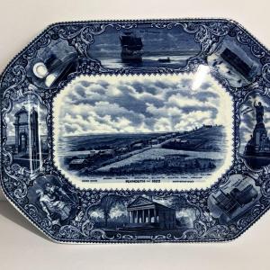 Photo of OCTAGONAL FLOW BLUE STAFFORDSHIRE PLATTER "Plymouth, Mass., 1622". By A.S. Burba
