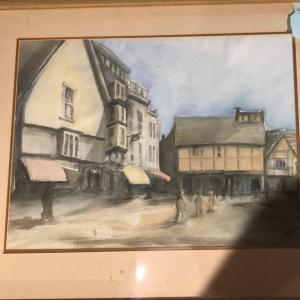 Photo of Framed Impressionist Styled Watercolor of a Village, Signed "Woodyard"