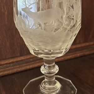 Photo of Antique Early Hand Etched Leaded Glass Deer Goblet as Pictured.