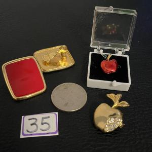 Photo of Red Colorblock Clip-on Earrings & Two Apple Brooch Pins