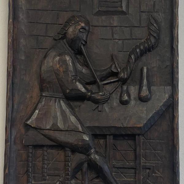 Photo of Vintage Folk Art Carved plaque 3D Medieval scribe