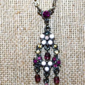 Photo of Cranberry Red Dangle Stones Necklace on a Dark Silver Tone Chain 18" L