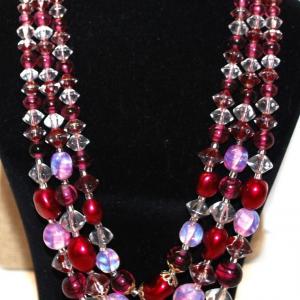 Photo of 3 Rows of Colorful Reds, Pinks & Clear Beads Necklace 22" L