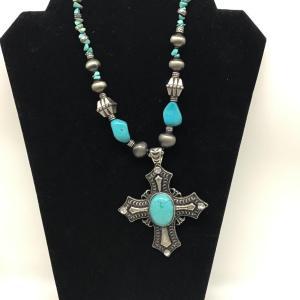 Photo of Women’s blue silver cross pendant beads necklace Rhinestones