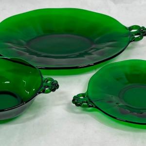 Photo of Forest Green Glass Fostoria Lafeyette 3 pc set with handles
