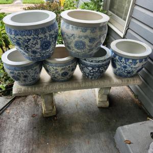 Photo of Lot of 6 Blue & White Flower Pot Planters 12" and 14" diameters