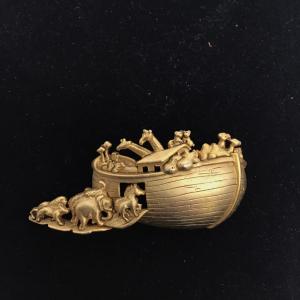 Photo of Vintage 2.25" AJC Signed Gold-Tone Metal Noah's Arc Boat & Animals Pin/Brooch