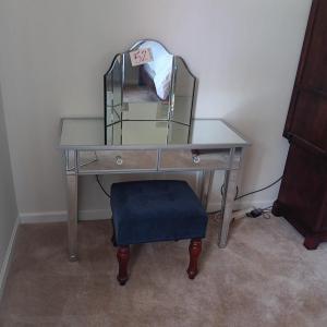 Photo of MIRRORED FINISH VANITY WITH BIFOLD REMOVABLE MIRROR AND STOOL