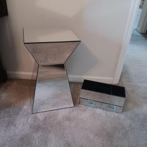 Photo of MIRRORED FINISH SIDE TABLE AND MIRRORED DRAWER SECTIONED ORGANIZER