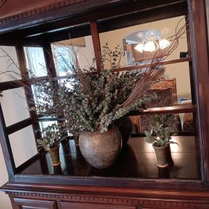 Photo of LARGE CLAY POT WITH FAUX DRIED FOLIAGE AND 2 MATCHING FAUX PLANTS IN POTS