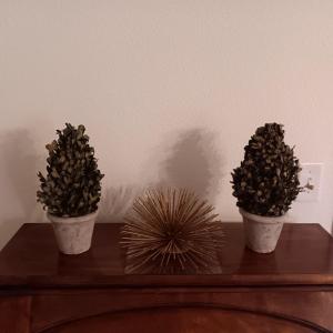 Photo of 2 FAUX PLANTS IN CERAMIC POTS AND A GOLD STEEL SUNBURST