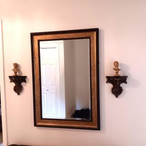 Photo of BEVELED WALL MIRROR, 2 WALL SCONCES AND 2 GOLD BUSTS
