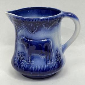 Photo of Vintage Saly Glaze Stoneware Pottery Blue White Milk PItcher Cow